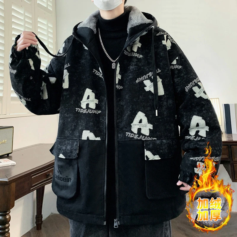 加绒牛仔外套男秋冬季青少年休闲冬款棉衣服保暖字母印花加厚夹克
