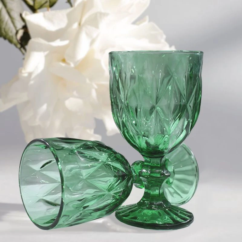 2只复古红酒杯绿色玻璃高脚杯ins葡萄酒杯家用加厚浮雕饮料杯