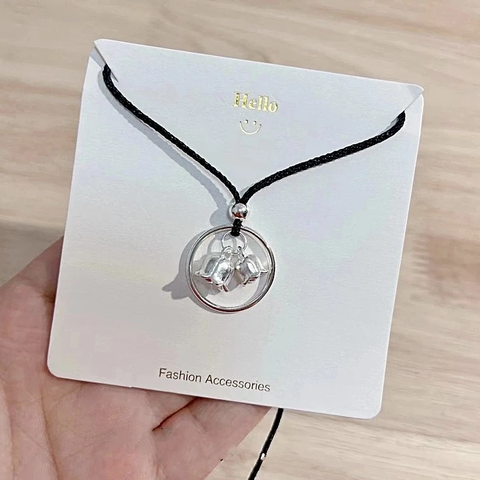 吊坠足银 足银999纯银铃兰花素圈吊坠手工编织项链情侣送女友