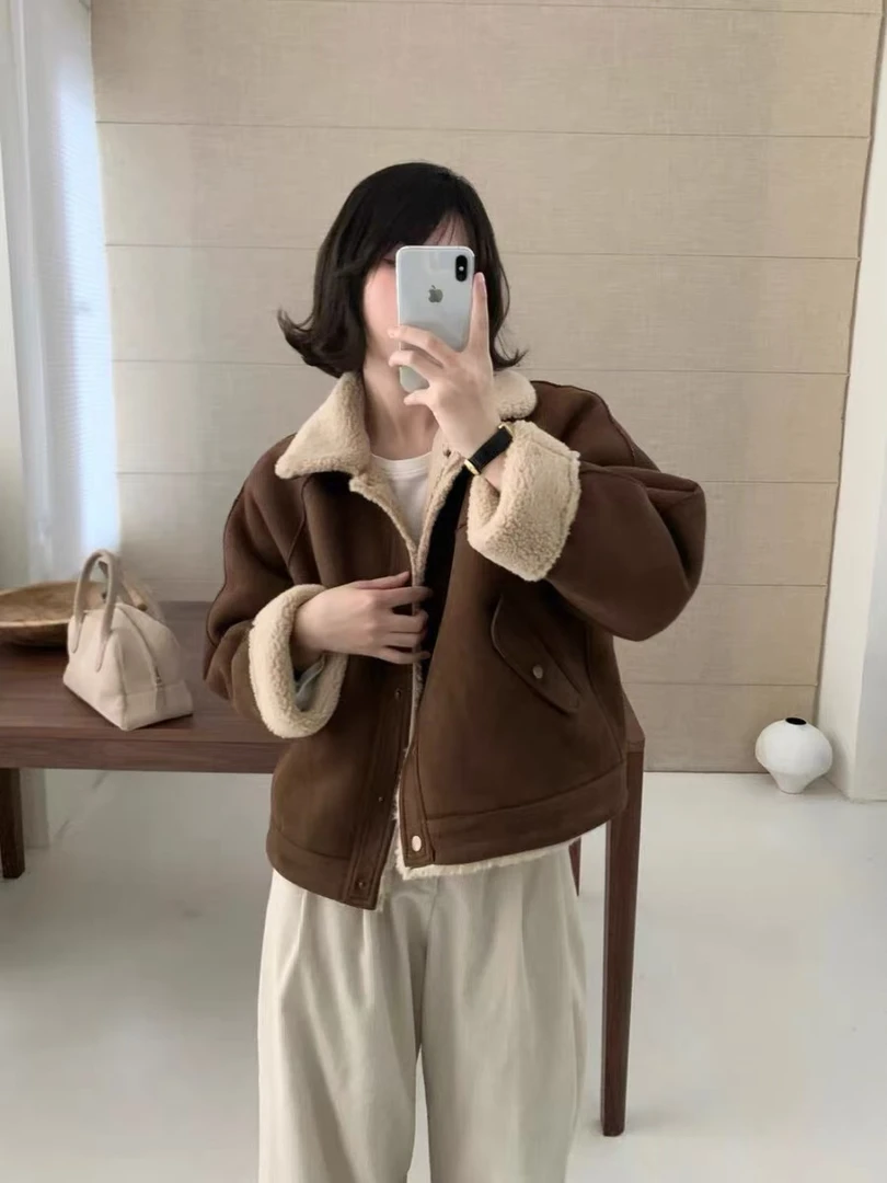 ZX9926皮毛一体羊羔毛外套女2024秋冬新款加厚保暖机车服夹克ins