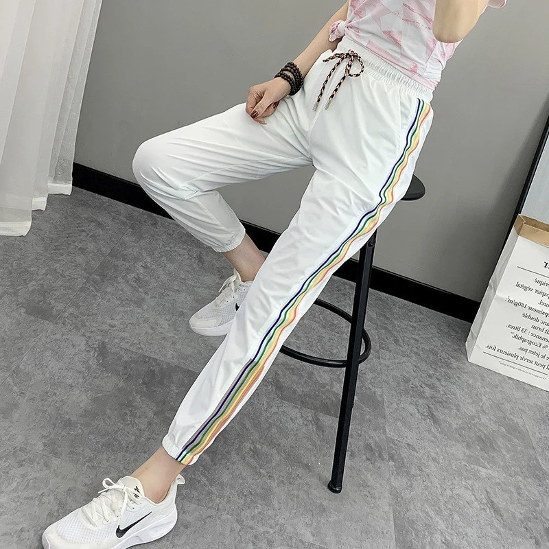 夏季冰丝裤子女薄款速干松紧长裤凉感运动裤休闲束脚裤显瘦九分裤