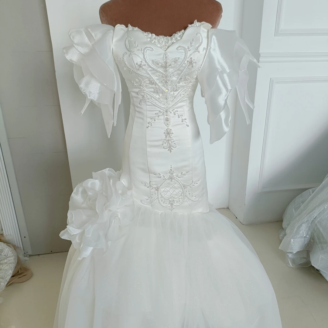 礼服A型鱼尾裙一字领蓬蓬裙婚纱抹胸设计师公主裙一字肩白色