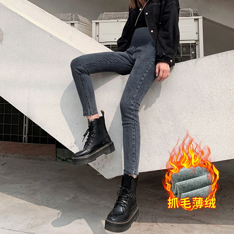 孕妇牛仔裤抓绒薄绒款冬季打底裤外穿小脚裤春秋款孕妇加绒羊胎绒