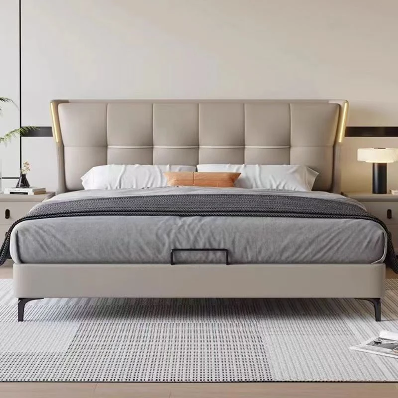 2313意式真皮床主卧大床床头带灯双人床婚床现代简约软包床储物床