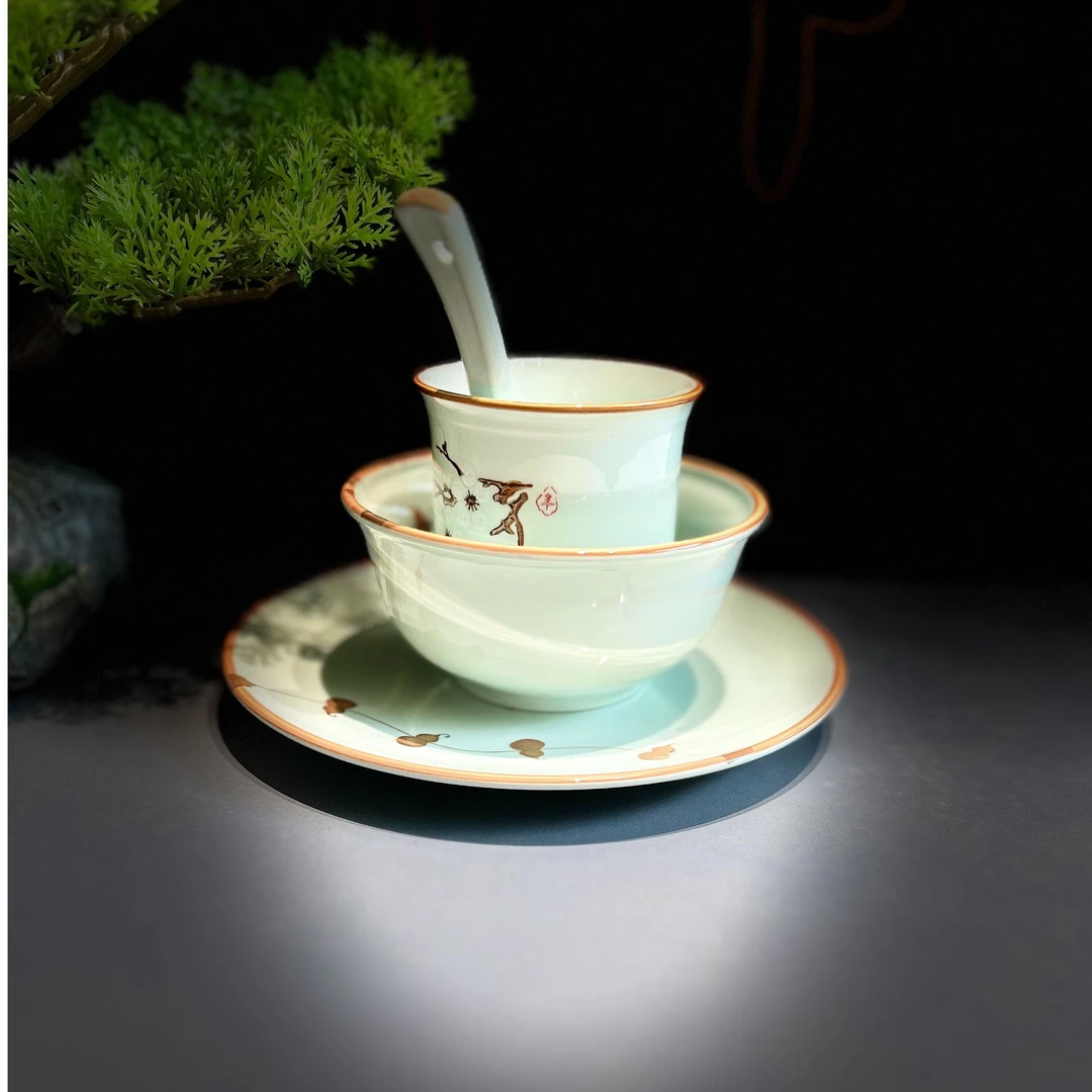 花纹内白棕边餐厅餐具酒店用品中式家用摆台特色陶瓷餐具四件套