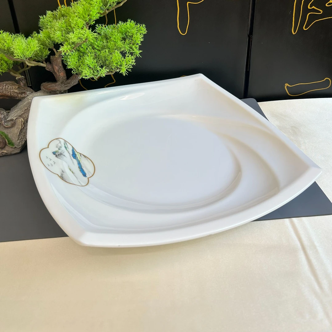 仿瓷密胺方形白色餐厅精致摆台餐具大口径菜盘酒店摆盘商用