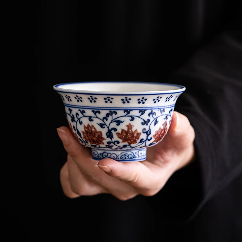 景德镇仿古青花压手杯中式复古陶瓷釉里红缠枝主人杯釉下彩品茗杯