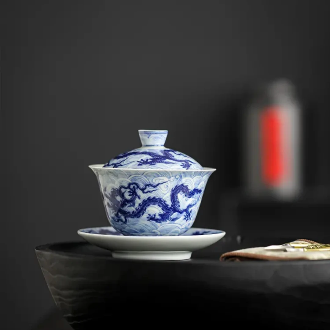 家用青花满工釉中彩仿古青花龙纹盖碗瓷三才盖碗