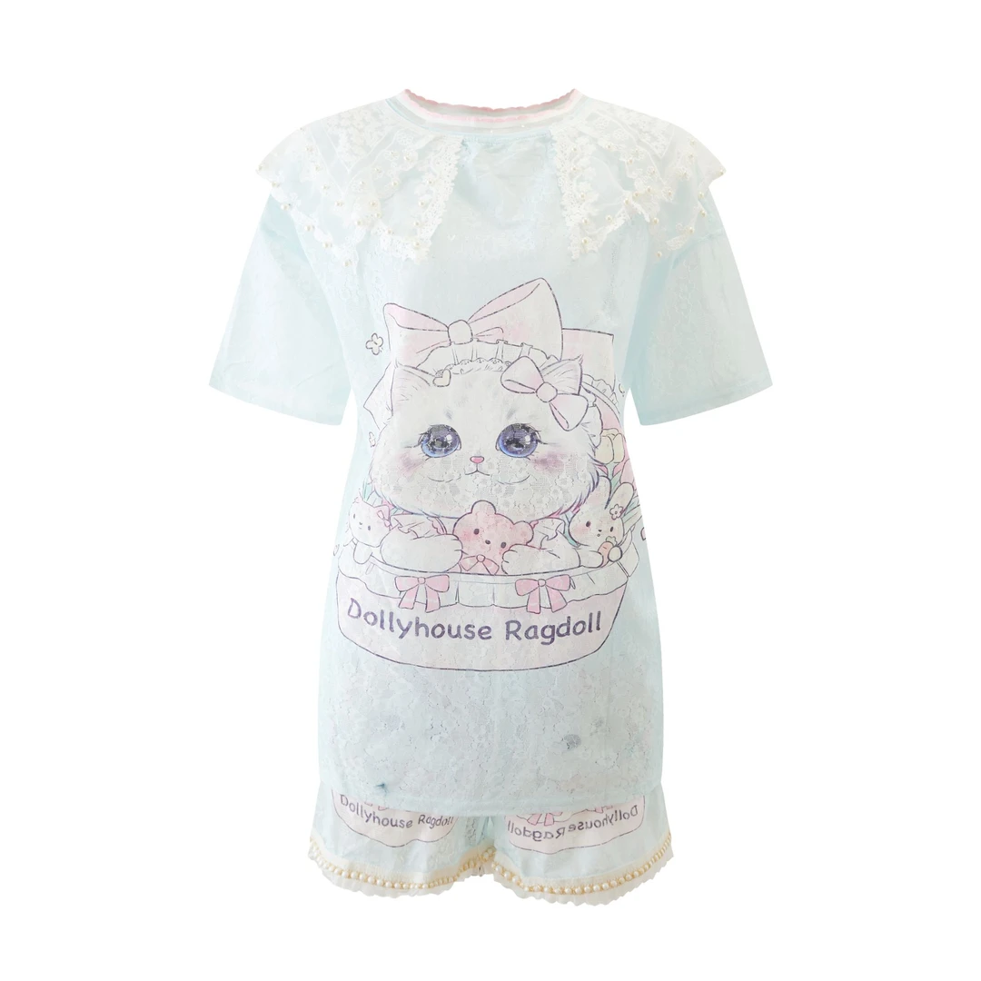 “薄荷少女”24ss动漫感定制数码喷色可爱猫咪娃娃领钉珠套装 BHSV