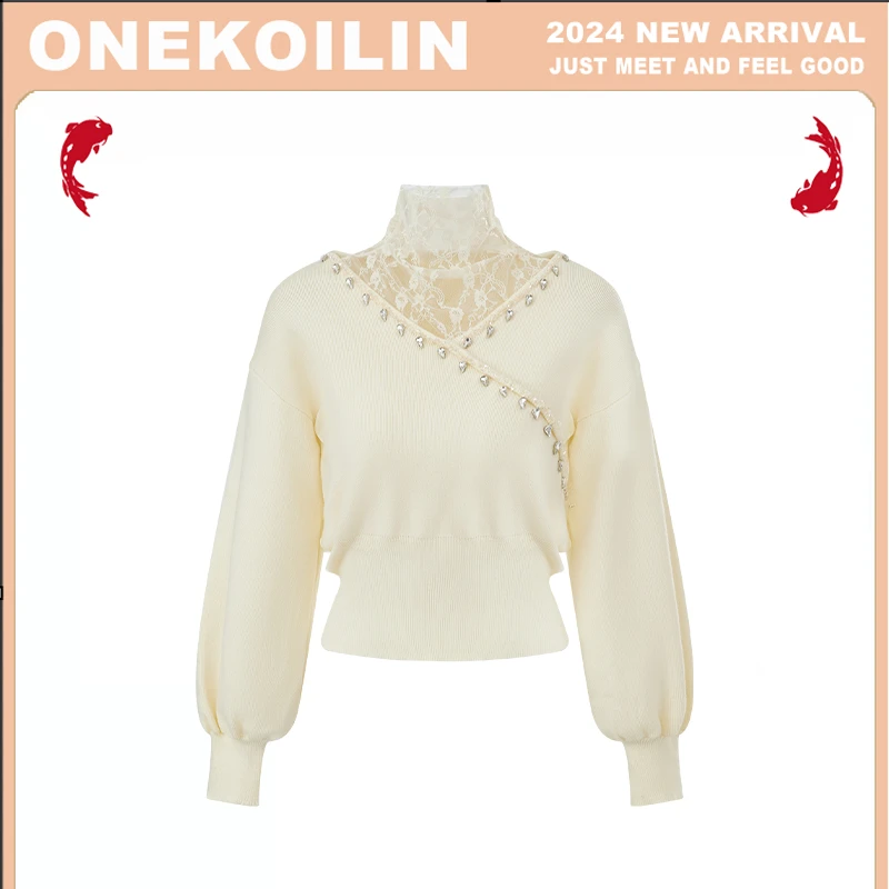 &OneKoilin“永夜星河”气质假两件蕾丝拼接手工钉珠针织毛衣 YYXH