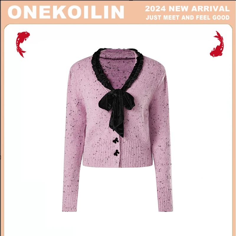 &OneKoilin“桔梗”设计感泡泡袖拼接丝绒撞色毛衣 JGMY