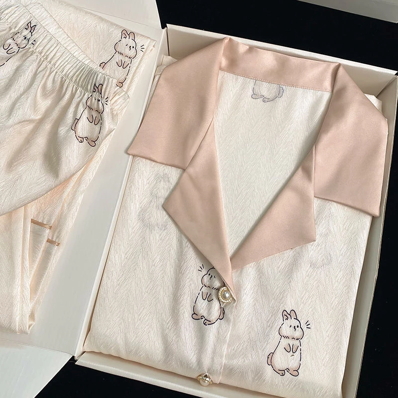 pY睡衣女春秋季薄款冰丝长袖长裤ins可爱兔子高级感丝家居服套装