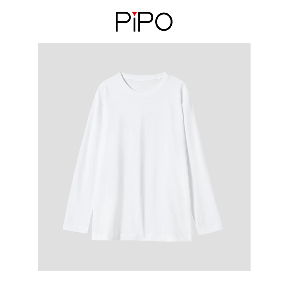 PIPO【现货】春秋纯色白色圆领长袖百搭透气休闲打底T恤DD31T609