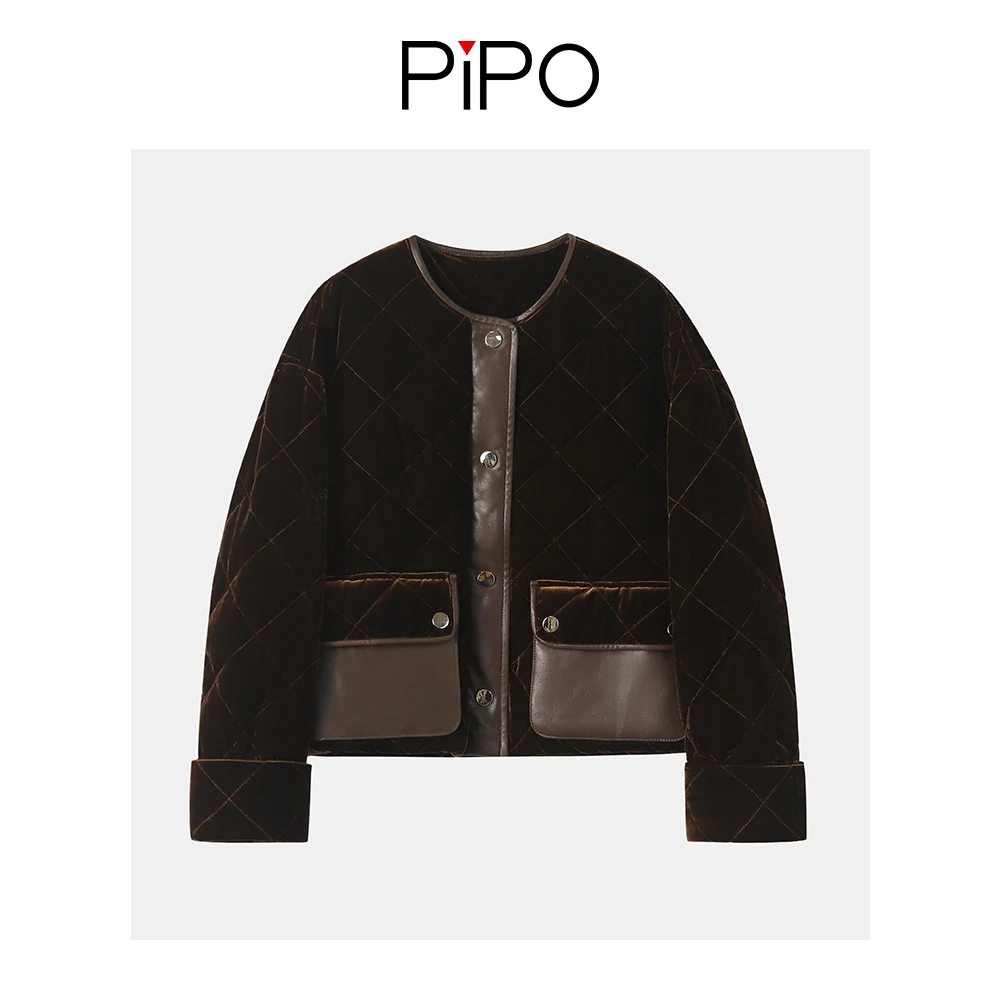 【PIPO】（鹅绒）2023香风圆领丝绒拼接绵羊皮冬季羽绒服DD34Y225
