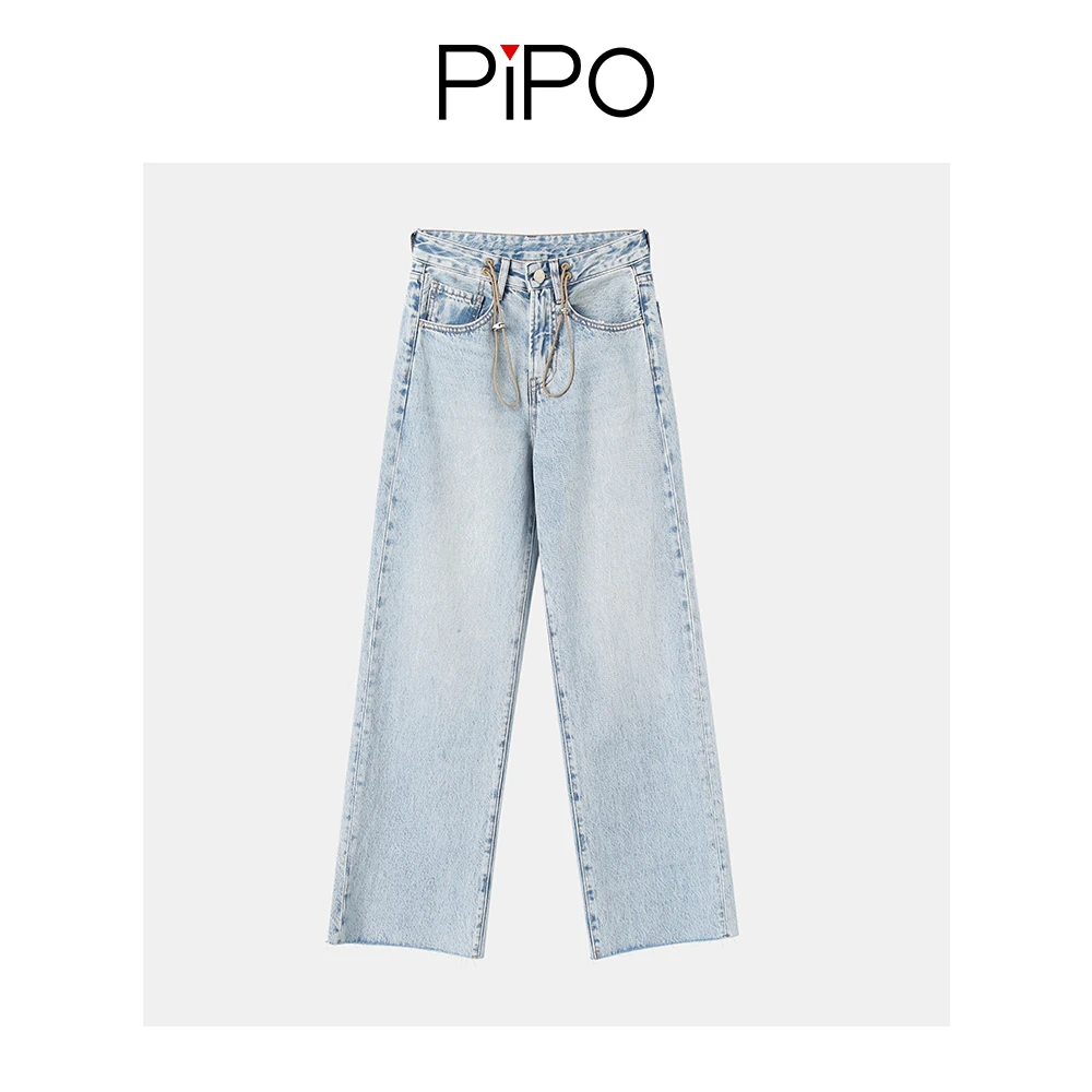 【现货】【PIPO】牛仔裤女抽绳高腰休闲直筒水洗宽松时尚DD31H103