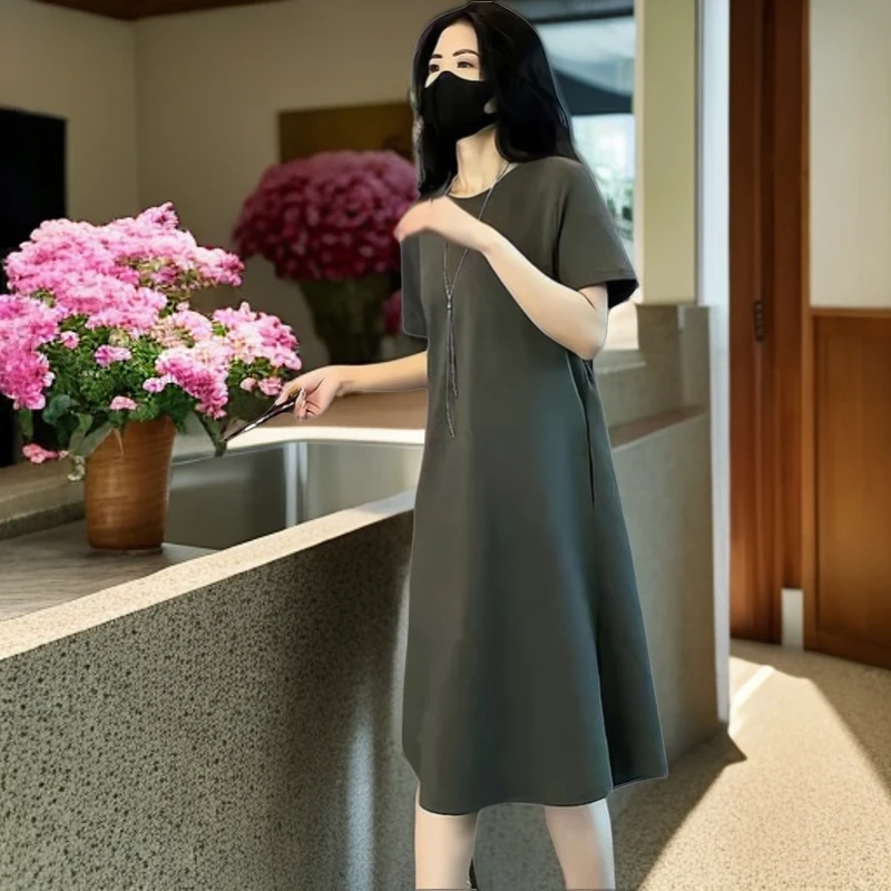 欧式休闲减龄宽松t恤连衣裙2025夏季新款纯色小个子收腰潮中长裙