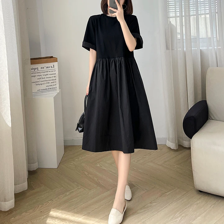 欧货小众大码宽松连衣裙2025年夏季设计感a字显瘦短袖收腰小黑裙