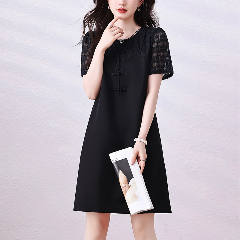 新中式复古盘扣蕾丝拼接假两件宽松连衣裙2025夏季新款气质短袖裙