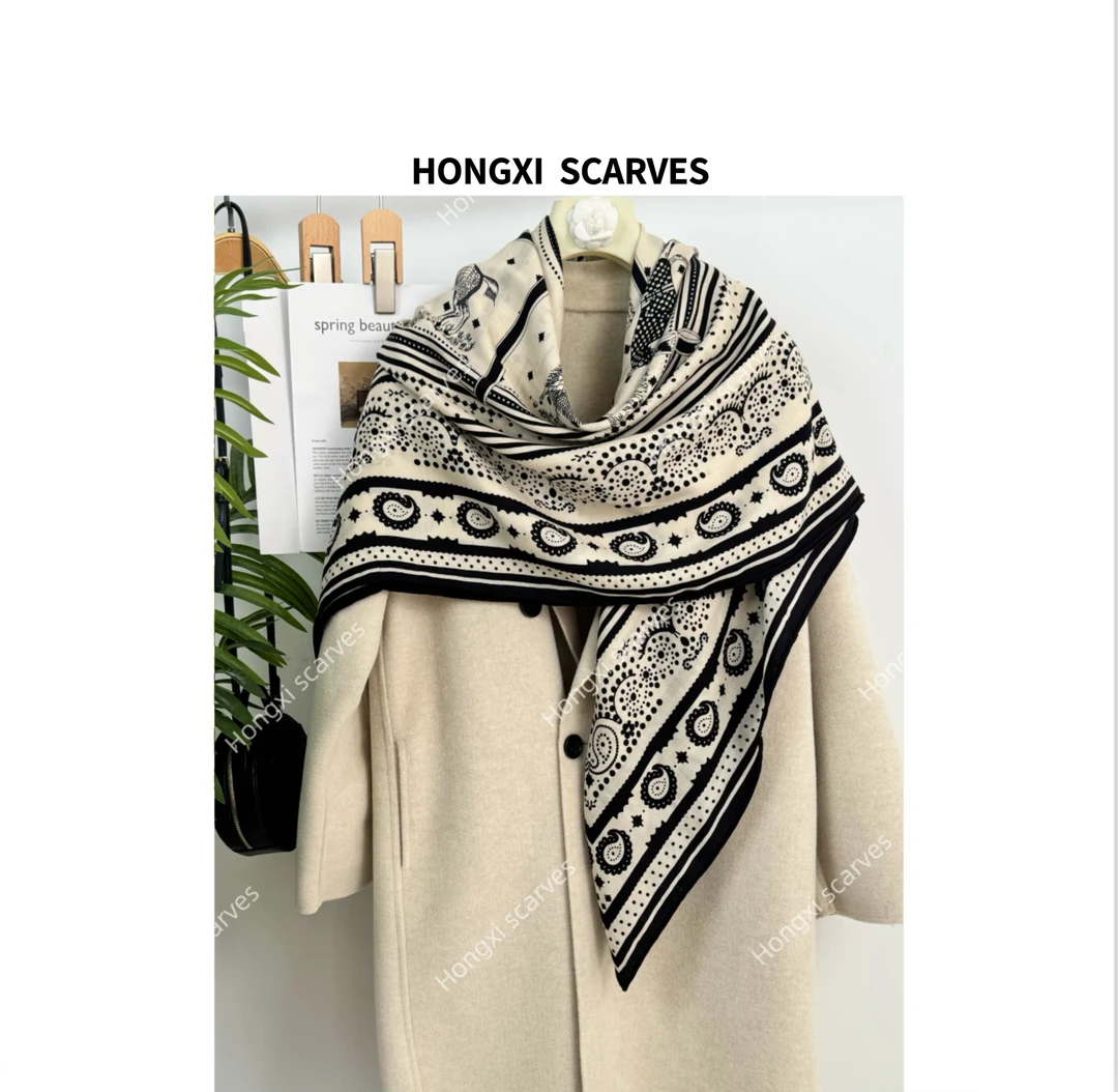 Hongxi Scarves/鸿晰丝巾丝毛130方巾手工卷边素雅骏马轻奢风H024