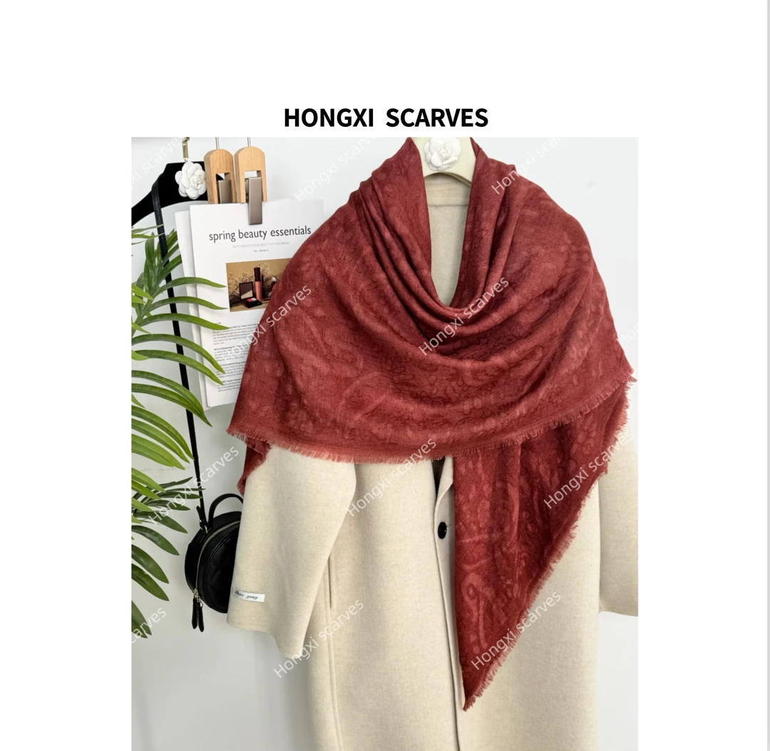羊毛丝织波尔蒂红135方巾手工渲染流苏百搭时尚气质丝巾围巾H125