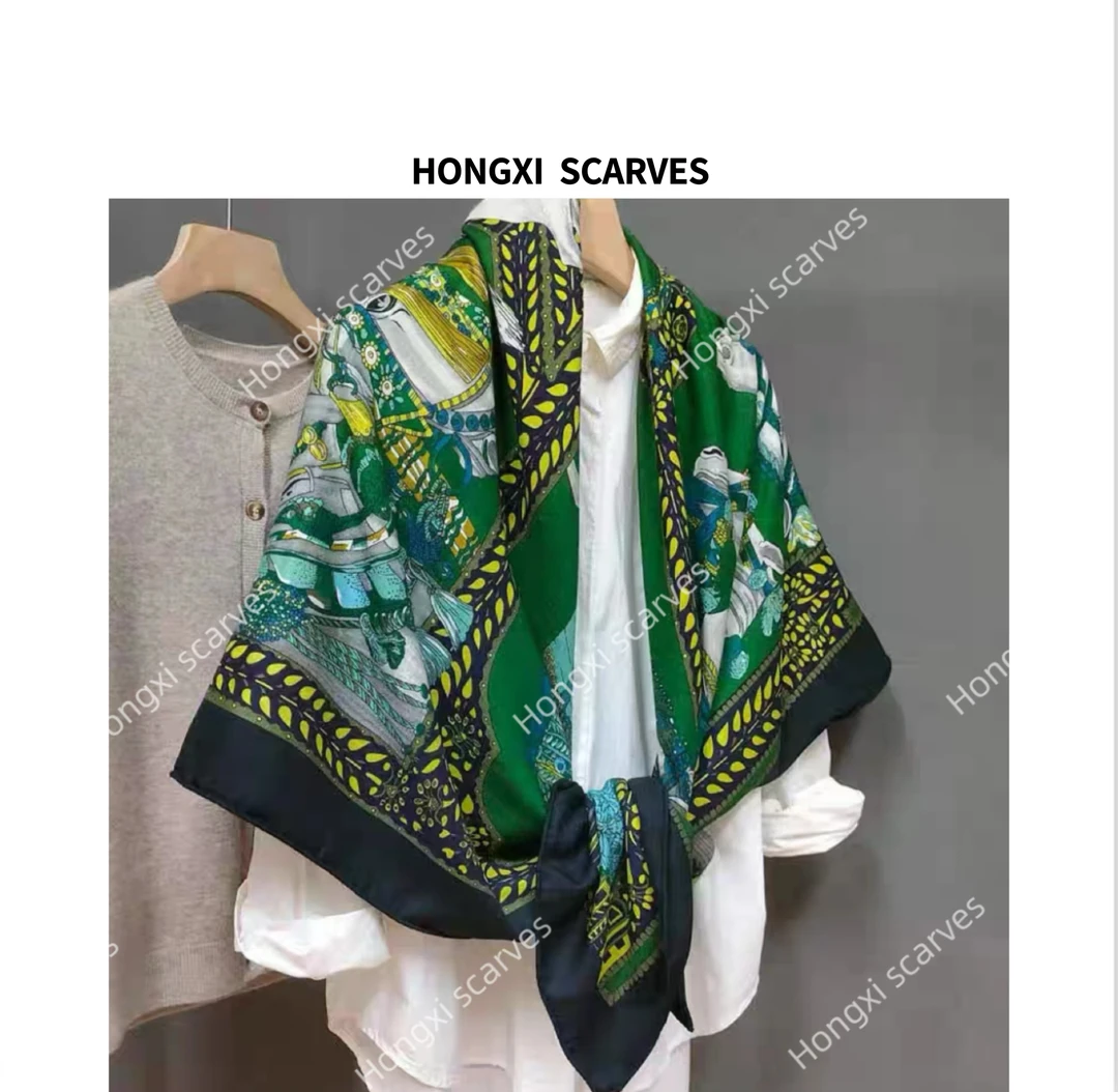 丝毛双面绿色马驹图130方巾手工卷边优雅时尚百搭披肩空调毯H086