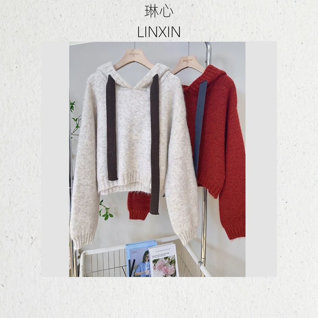琳心琳心秋冬新款女装休闲百搭简约抽带连帽针织衫 QJR0152