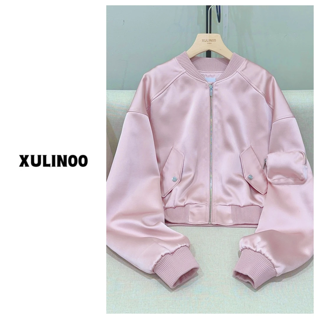 春夏纯色短款宽松女设计感粉色棒球服 LL40314-2035