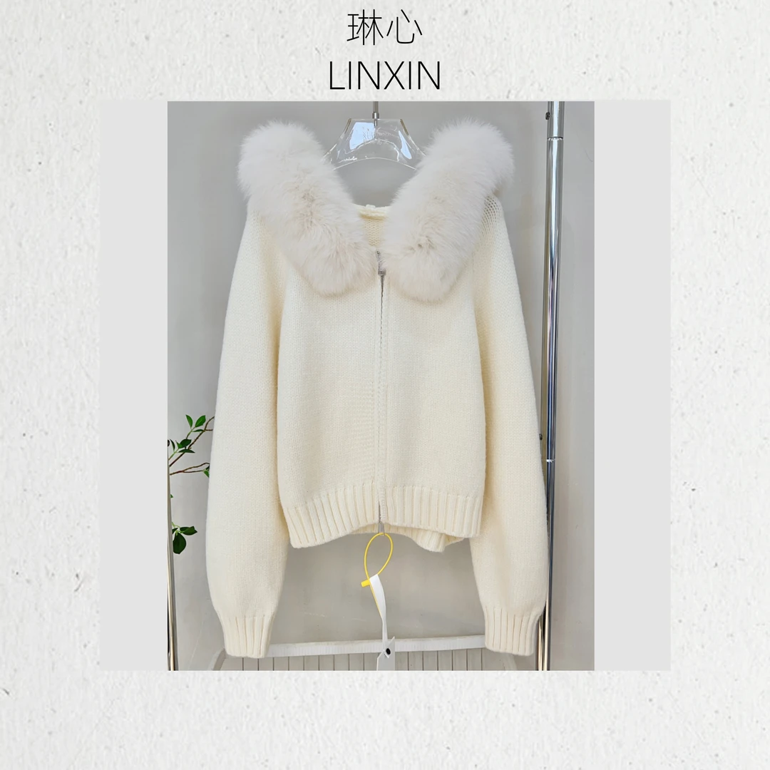 琳心秋冬新款时尚松弛感百搭米色毛领拉链针织开衫外套0771