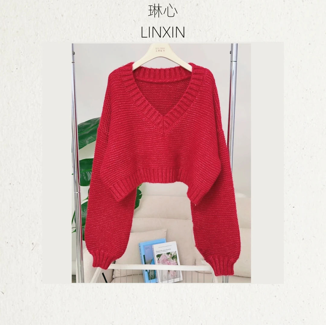 琳心秋冬气质百搭时尚宽松正红v领短款套头针织衫4006