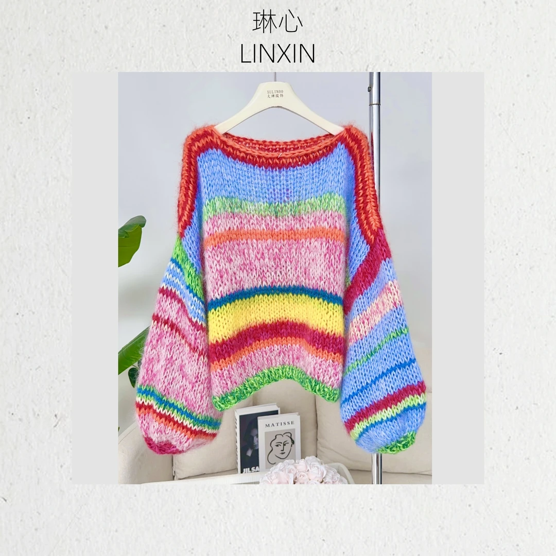 琳心秋冬时尚百搭气质时尚松弛感彩虹条纹套头针织衫1009