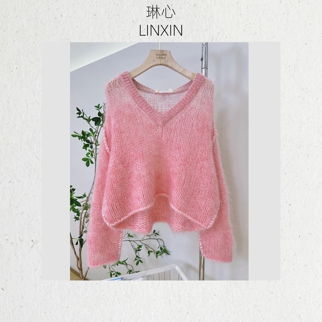 丨早秋气质时尚蜜桃粉套头微镂空长袖针织衫 6708