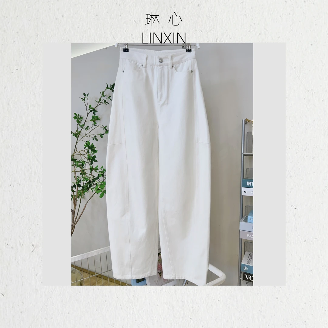 琳心秋冬高腰显瘦阔腿纯白香蕉裤加绒牛仔裤HXY1088