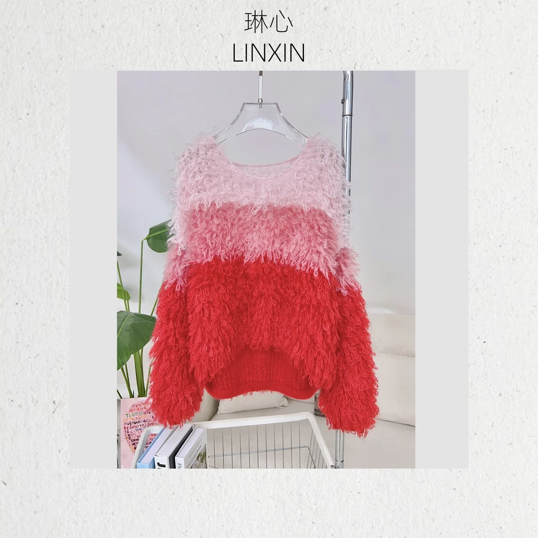 琳心秋冬时尚气质百搭松弛感红色渐变拉毛套头针织衫 5312