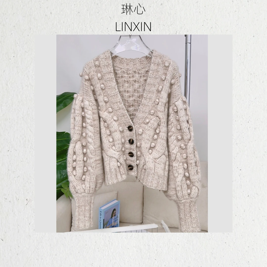 琳心秋冬V领气质百搭球球设计感针织开衫4092