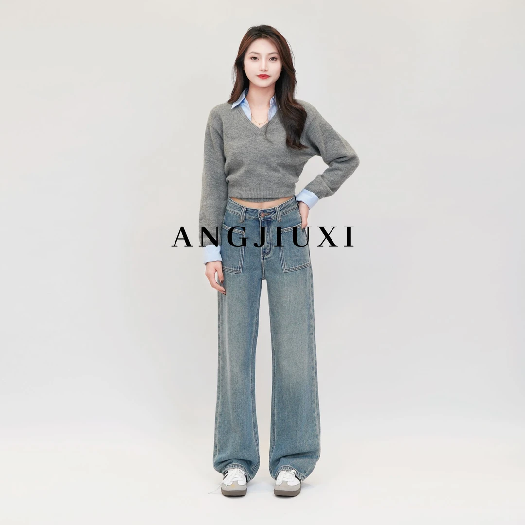 【牛仔夫妇】·贴袋筒裤·秋季新款百搭中高腰显高显瘦休闲直筒牛仔裤