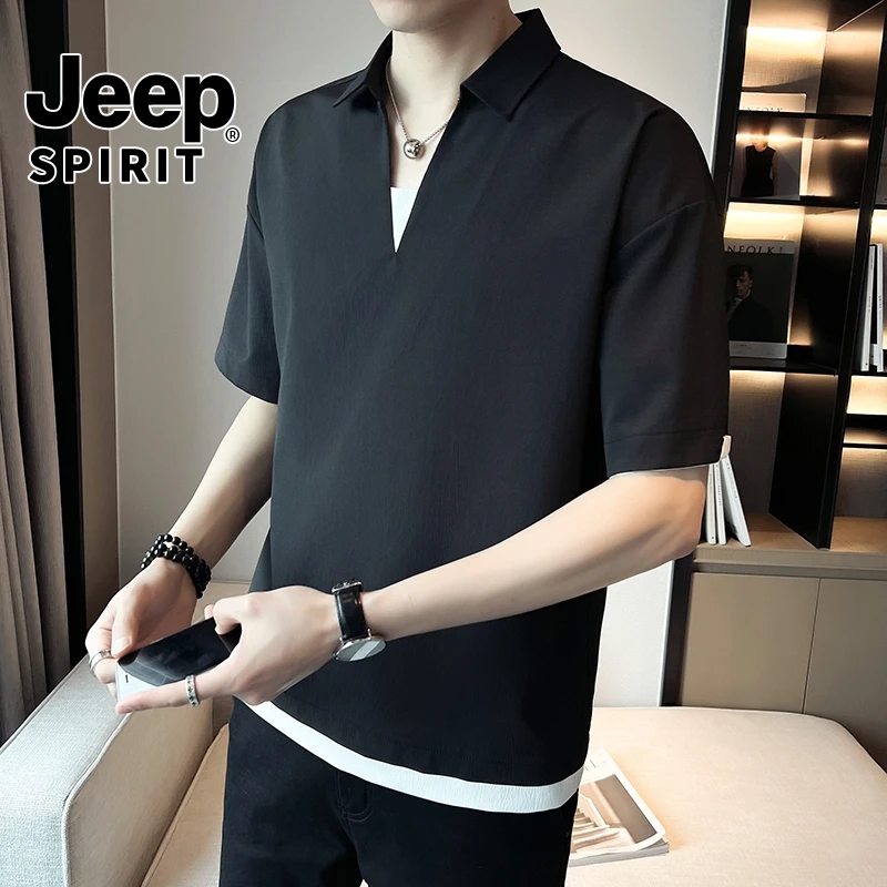 Jeep吉普冰丝t恤男士短袖衣服夏季新款潮流休闲黑色翻领polo衫男