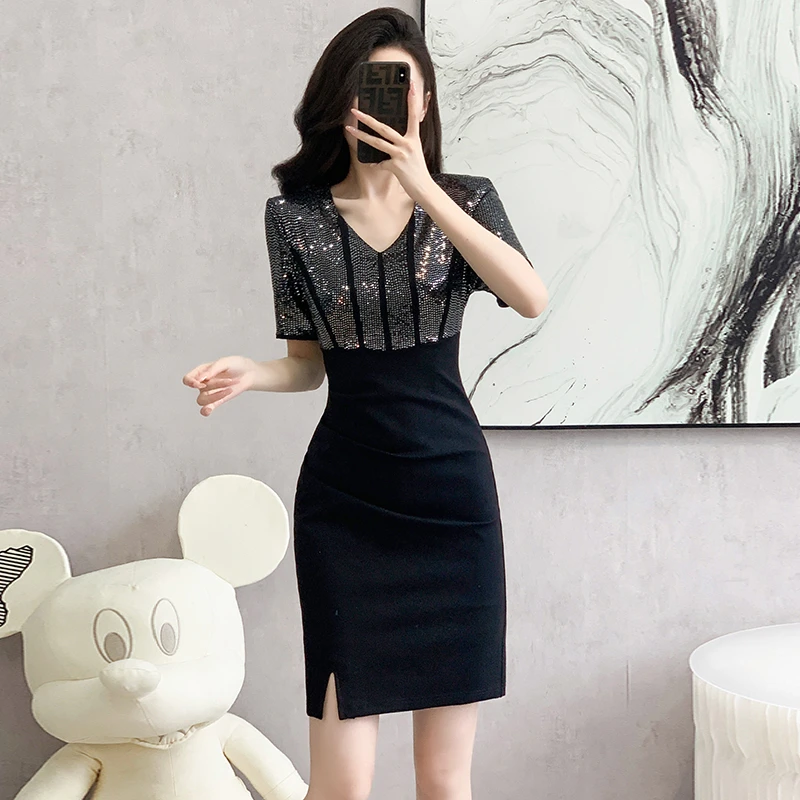 现货V领亮片拼接名媛风包臀弹力连衣裙夏季新款时尚气质小黑裙子1
