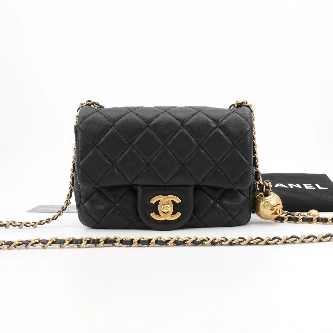 99新 Chanel/香奈儿 金球方胖子黑金羊皮单肩包29开|74413520