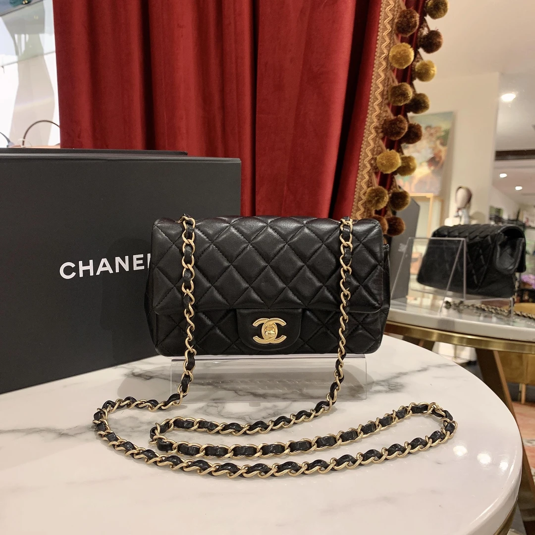99新 Chanel/香奈儿 GGS香奈儿cf大mini黑金羊皮单肩包2|41871416