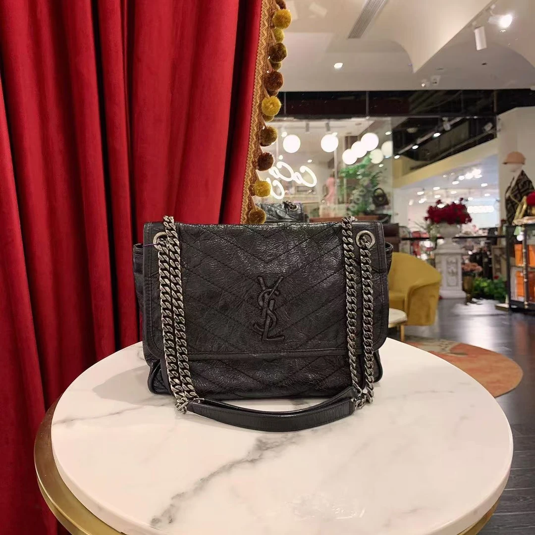 95新 YSL/圣罗兰 GGS圣罗兰niki中号黑银油蜡皮单肩包51906007