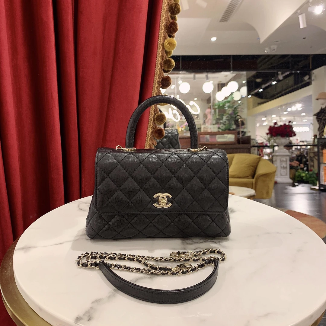 99新 Chanel/香奈儿 cocohandle小号黑色金扣鱼子酱11952847