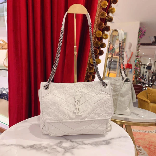 95新 YSL/圣罗兰 Niki中号白色银扣油蜡牛皮/单肩包/77929396