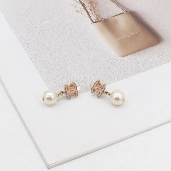 95新 Chanel/香奈儿 香奈儿/GGS香奈儿双C珍珠吊坠粉色耳钉/耳环/