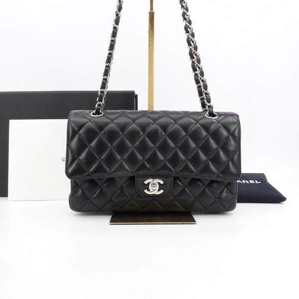 99新 Chanel/香奈儿 意向金CF中号黑银荔枝牛皮单肩包