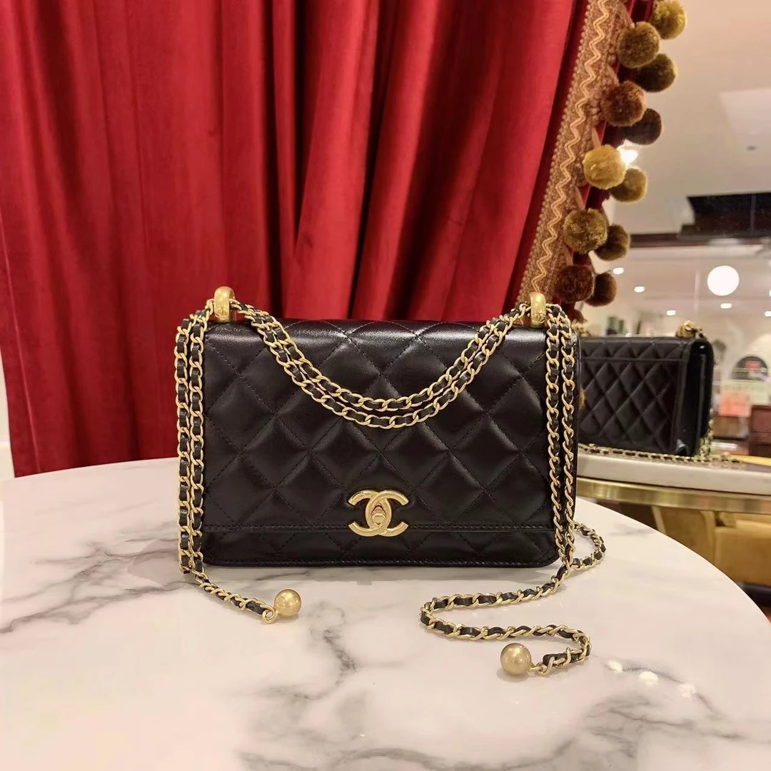 99新 Chanel/香奈儿 24c双金珠woc黑金牛皮芯片/91123863