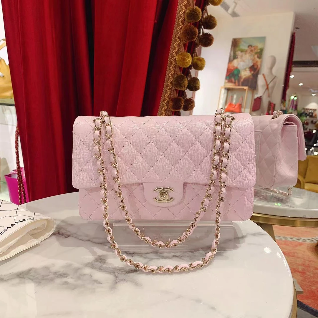 99新 Chanel/香奈儿 cf中号樱花粉荔枝皮金扣单肩包/31583499