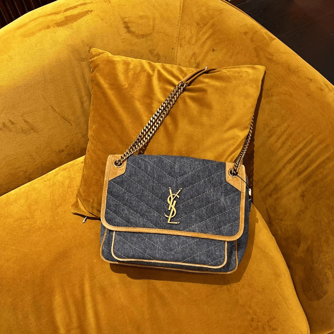 95新 Saint Laurent Paris niki中号d扣蓝色金扣牛仔丹宁拼单肩包