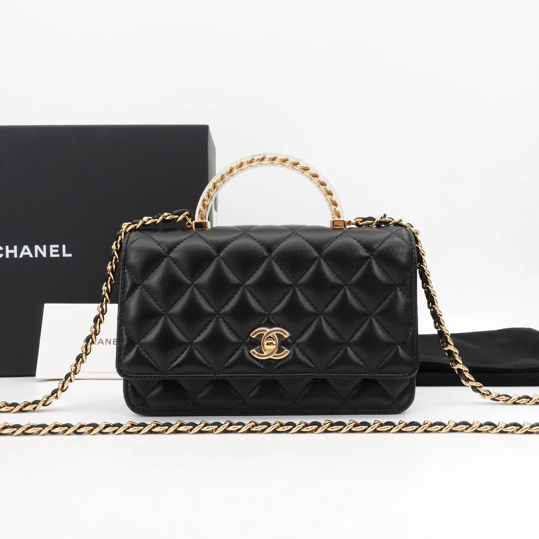 99新 Chanel/香奈儿 24S亚克力手柄woc黑金单肩包/97819998