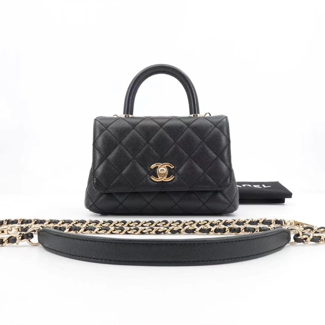 99新 Chanel/香奈儿 cocohandle mini黑金荔枝牛皮10457637