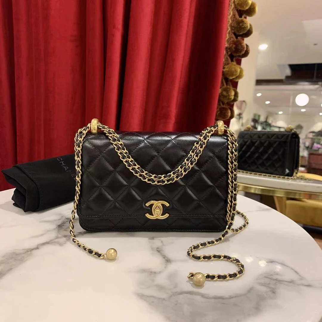 99新 Chanel/香奈儿 24c双金珠woc黑金牛皮芯片款